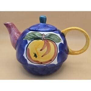 Tea For One-Small Teapot. Vintage Colorful  Blue With Peach And Cherries